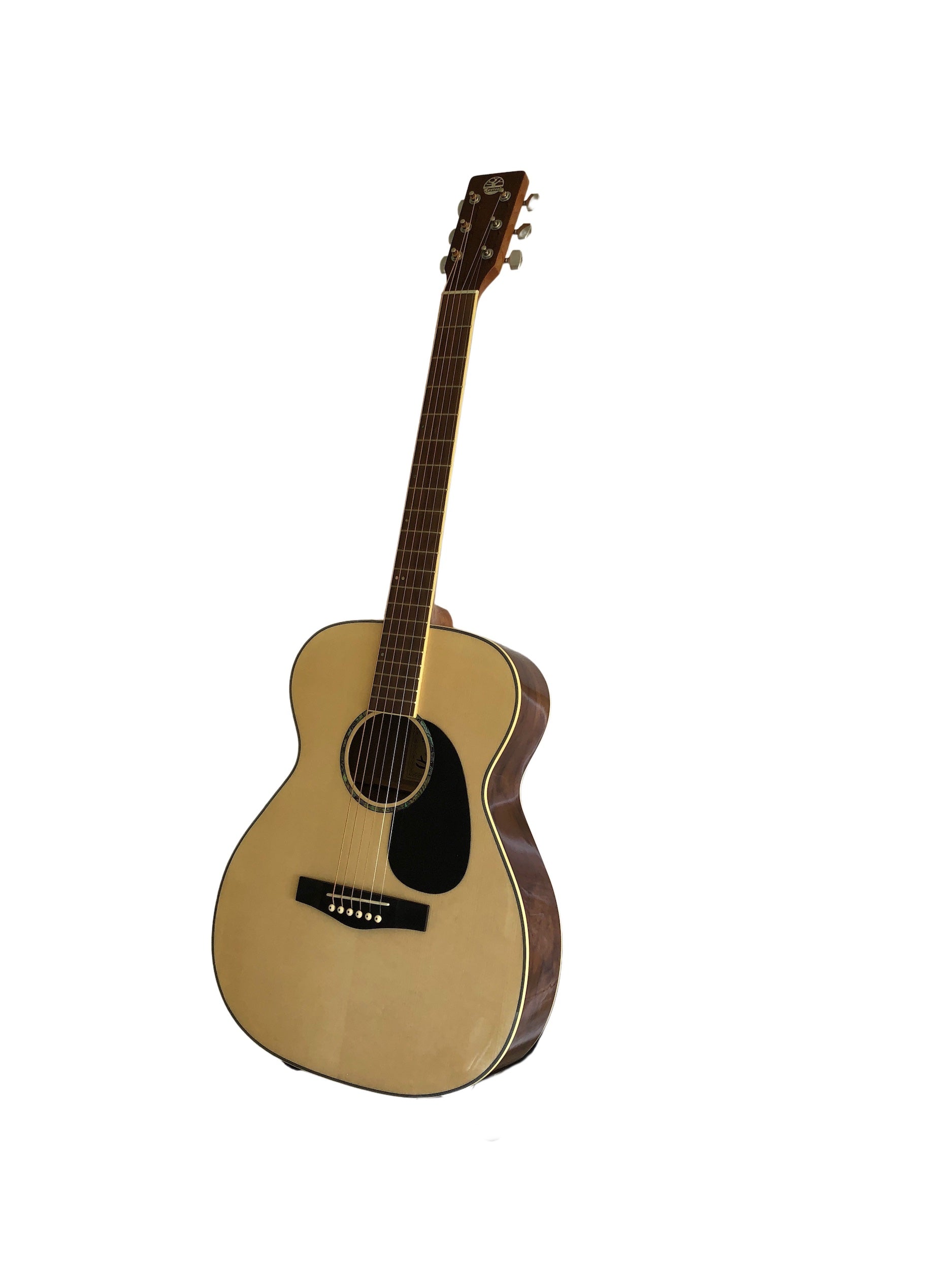 Photo of the Revival rg-25 acoustic guitar, from the front right.